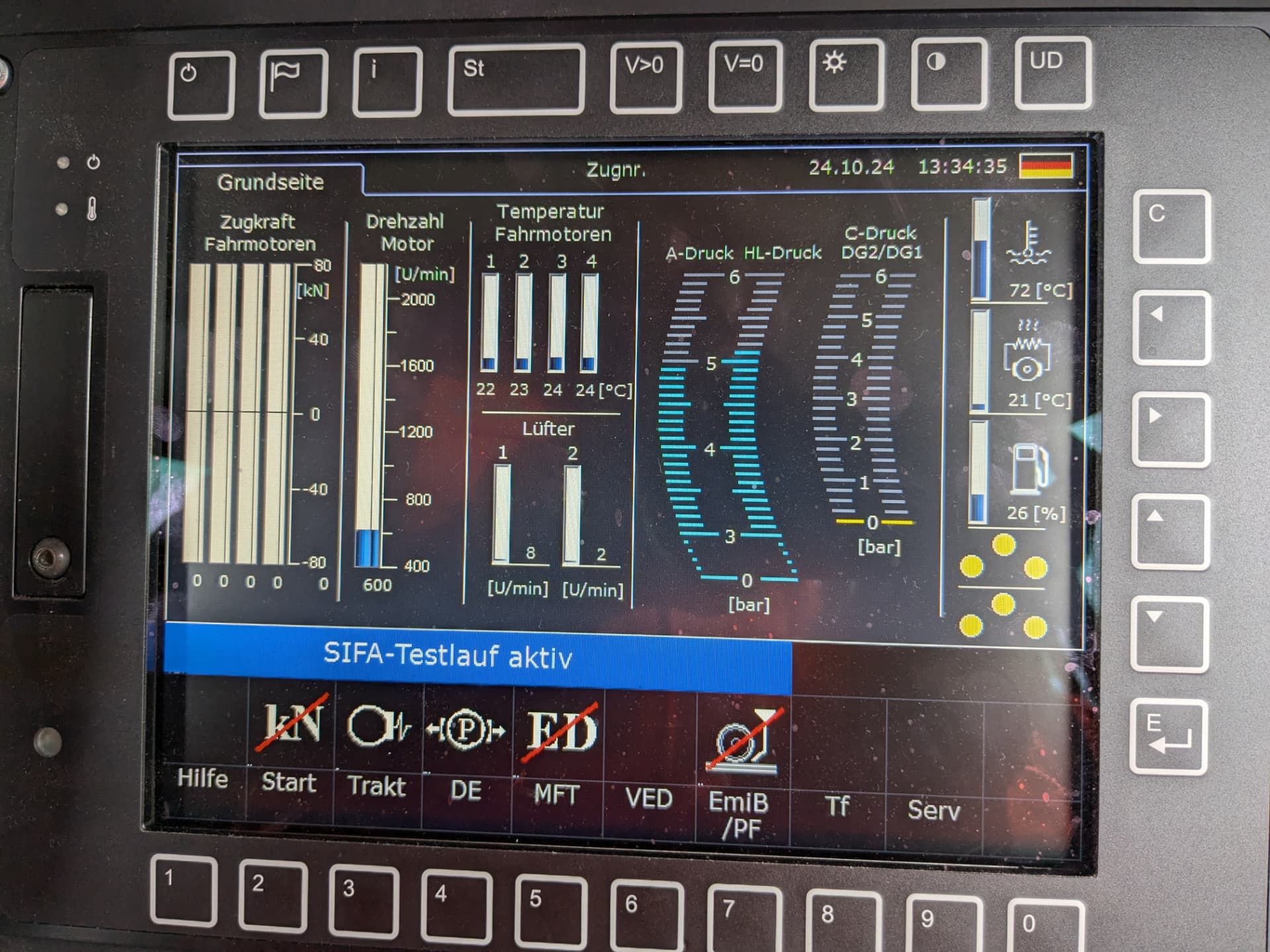 Multifunktionsdisplay im Führerraum mit der Meldung SIFA-Testlauf aktiv auf blauem Balken, umgeben von Funktions- und Zifferntasten